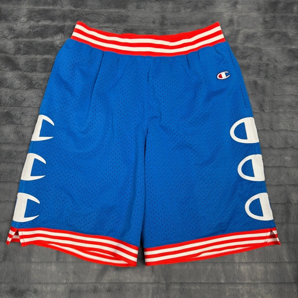 Champion Mens Blue Mesh Basketball Shorts Red White Striped Trim Logo Large
